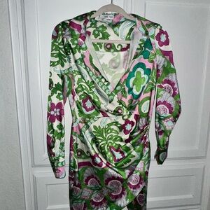 Mango Pink, Green & White Long Sleeve Wrap Dress